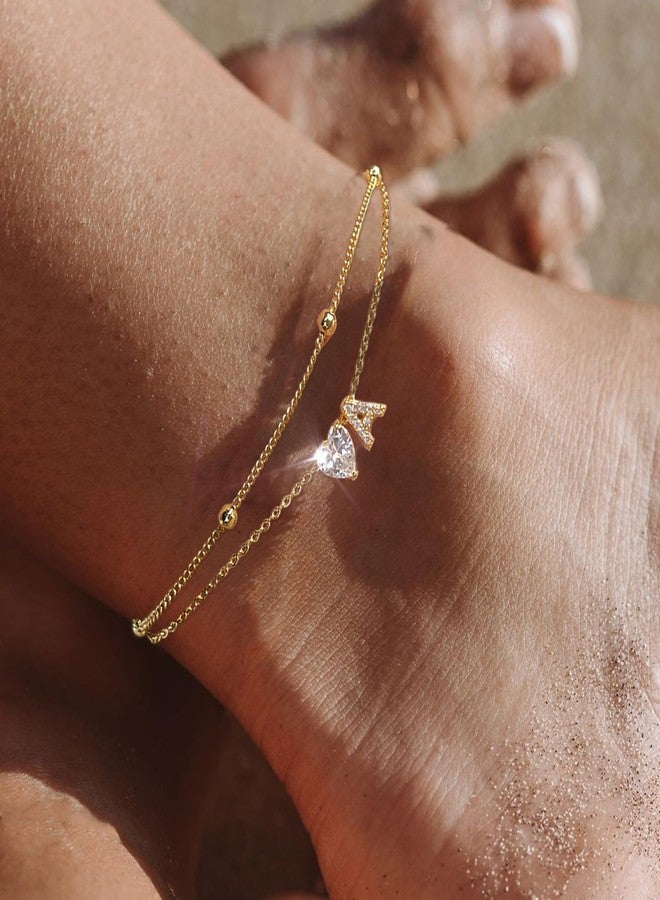 MYYOII Ankle Bracelets for Women Waterproof 14K Gold Plated CZ Initial Anklet for Women Dainty Layered Letter Heart Ankle Bracelets Handmade Adjustable Foot Chain Anklet Summer Beach Jewelry J - Image 3